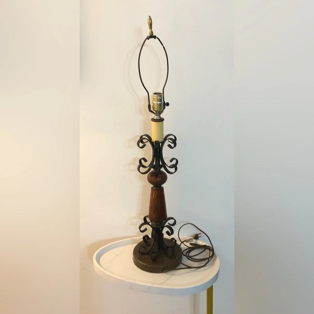 Vintage-Style Black and Brown Table Lamp with Scroll Metal Accents.